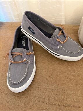 Sperry Women's Gray Canvas Slip-On Boat Shoes with Tan Laces